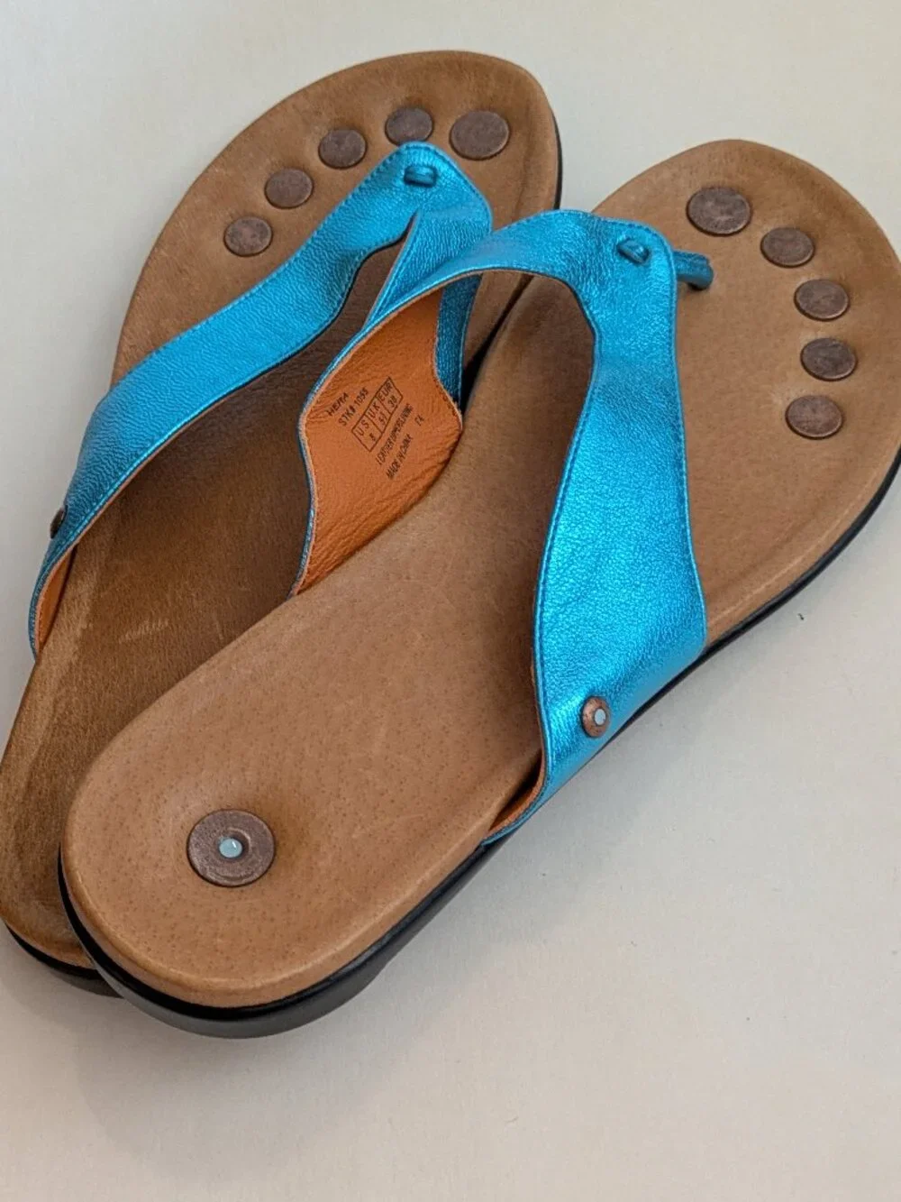 JUIL Earthing Sandals Grounding Thong Flip Flop, Blue Metallic leather size 8